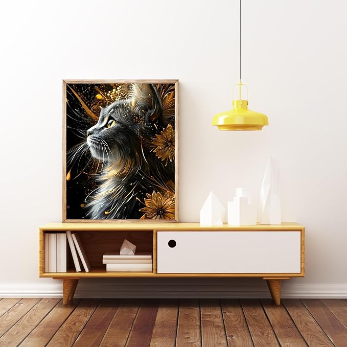 Black Cat Diamond Art Kits for Adults, 5D Diamond Painting for Adult Beginners, DIY Full Drill Round Gem Painting Dot Art for Adults, Home Wall Decor 11.8x15.7 Inch
