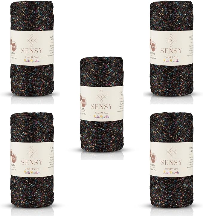 S Sensy 2mm -Premium Polypropylene Macrame Cord 5 Pack Black Multi Sparkle