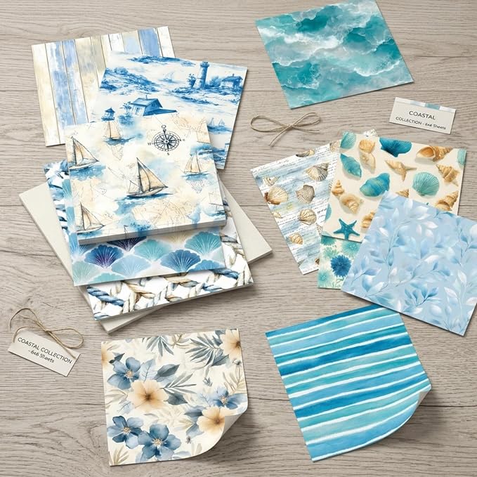 Blue Aesthetics Scrapbooking Paper Pad - 24 Sheets 6'' x 6'' Beach Shell Patterned Decorative Collage Decoupage for Journaling Wrapping Folded Supplies Gift DIY Crafts Cards Photo Album