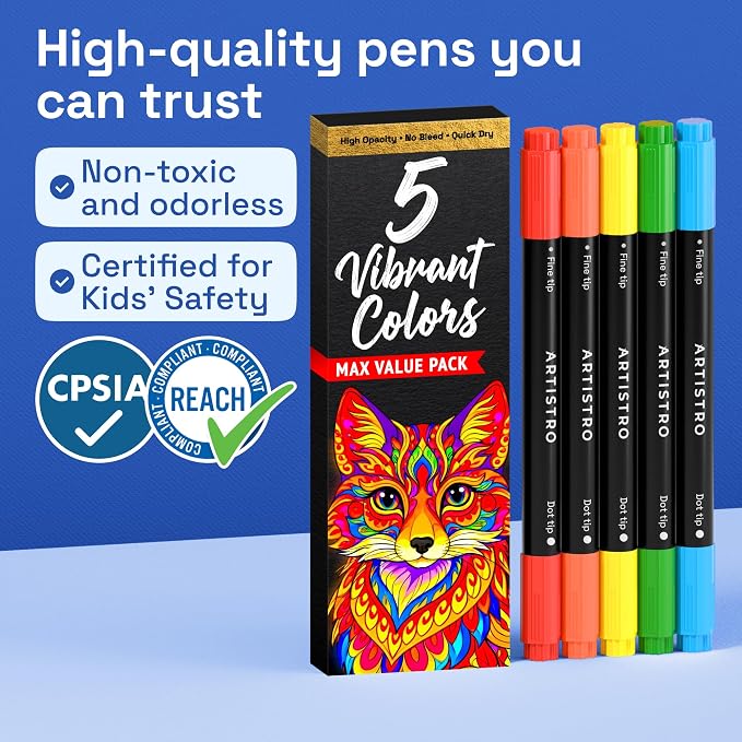 ARTISTRO Dual-Tip Acrylic Paint Marker Pens - Set of 5 | For Fabric, Rock, Glass, Wood, & Coloring Books, Arts & Crafts Gift, Classroom Must Haves & School Supplies (Dot & Fine Tips)