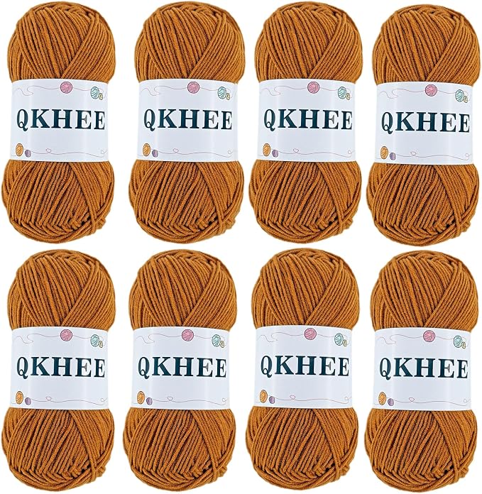 QKHEEYarn for Crocheting and Knitting 8 * 1.76 Oz (50G) /195yd,Fine/Fingering Weight (1), 60% Cotton 40% Acrylic Soft Yarn kit for Making Granny Squares and amigurumi (Light Brown)