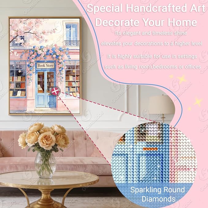 Gamteldot Bookstore Diamond Art Kits for Adults Beginner,Pink Diamond Art 5D Full Drill DIY Diamond Dot,Flower Diamond Painting with Complete Tools,Gem Art Crafts for Home Wall Decor Gift-12x16in