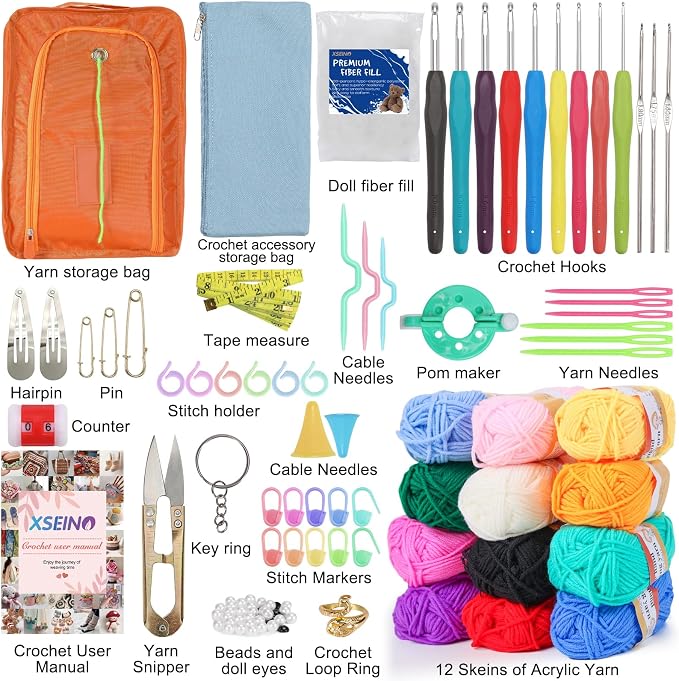 XSEINO Crochet Kit with Step-by-Step Video Tutorials，Premium Bundle Includes 12 Roll x50Yard Acrylic Yarn Balls, 12 Crochet Hooks, Crochet Bag and All Accessories Kit, Crochet Kit for Beginners