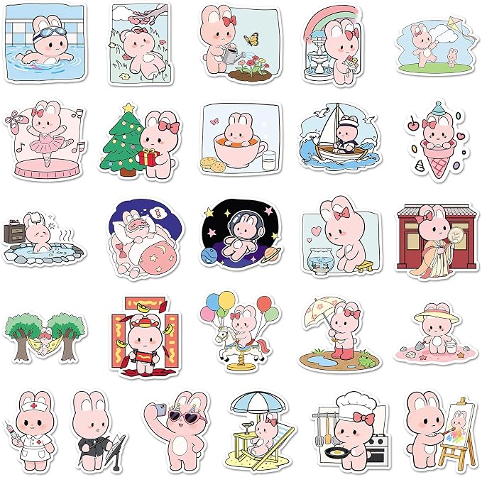 51PCS Cute Pink Bunny Stickers for Water Bottles, Aesthetic Cartoon Rabbit Vinyl Waterproof Stickers for Laptop, Journal, Phone, Scrapbook Teens Adults Decorative Size 1.78-2.35 Inch(Cute Pink Bunny)
