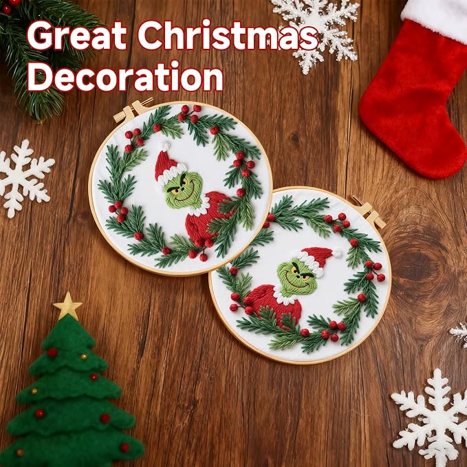 BBLYBD Christmas Embroidery Kit, 1 Set Cross Stitch Craft Kit for Beginners with Pre-Printed Embroidery Fabric, Hoop, Step-by-Step Instruction, Color Threads & Needles (Christmas-1 Set)