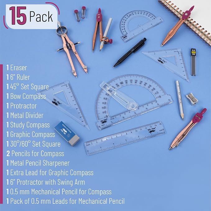 Mr. Pen- Geometry Set, 15 pcs, Rose Gold & Pink | 6 Inch Swing Arm Protractor, Divider, Set Squares, Ruler, Compasses and Protractor