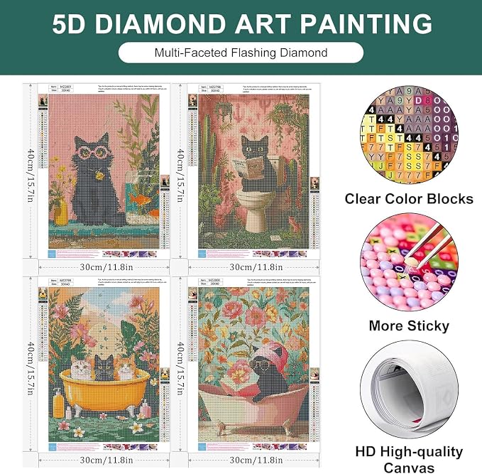 mrpwnle 4 Pack Cat Diamond Art Kits for Adults, Black Cat Diamond Painting