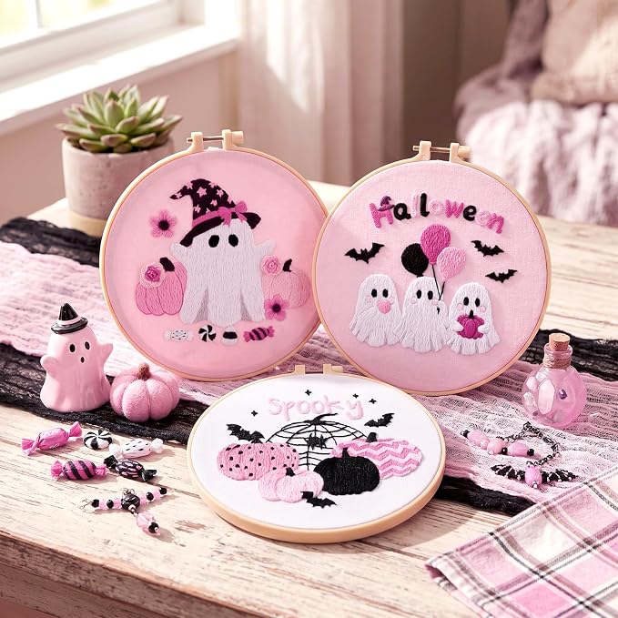 Mindsoft 3 Set Needlepoint Kit for Beginners with Hoop,Pink Halloween | Bamboo Hoop Thread Needles Instructions, Easy Hand Embroidery for Beginners Home Crafts,Pre-stamped Funny Cute Designs