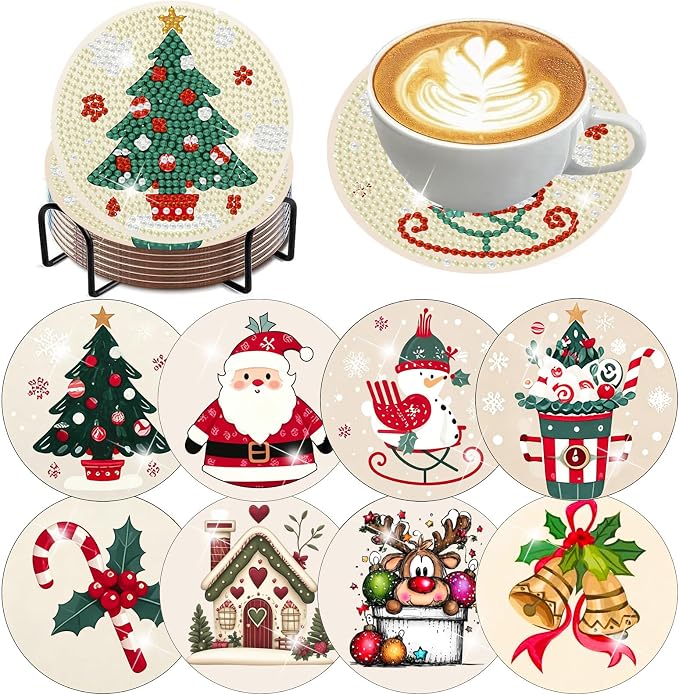 mrpwnle 8 Pcs Diamond Art Coasters Kit Christmas Diamond Painting Coasters