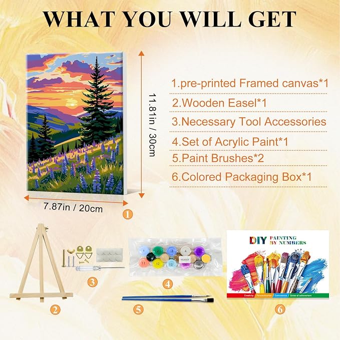 SparkGlow Landscape Paint by Numbers Kit for Adults with Frame, 8×12 Inch | Sunset Landscape Painting by Numbers, Premium Materials, Fun and Relax, Include Easel, Number Painting for Gift, Home Decor