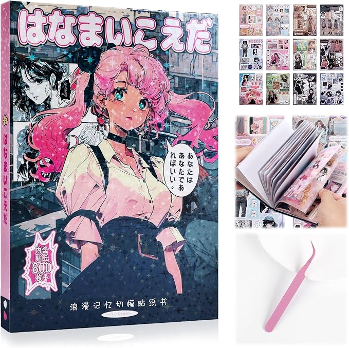 Tmtains 800Pcs Japanese Sticker Book for Scrapbook Heisei Retro Comic Books Style Kawaii Korean Sticker for Journaling Aesthetic Japanese Stickers Book for Adults DIY Crafts Junk Journal Gifts (Girl)