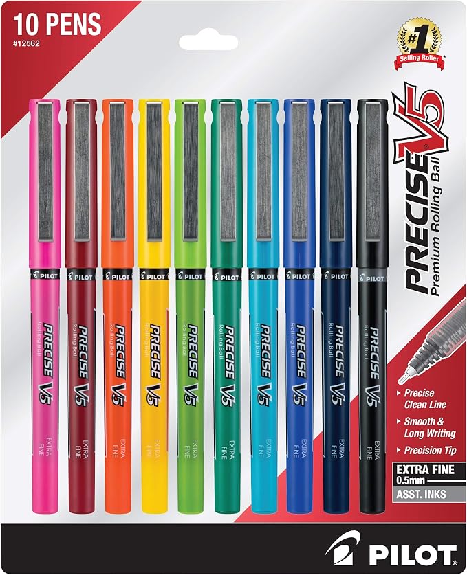 PILOT Precise V5 Capped Rollerball Pens, Assorted Colors, Pack of 10