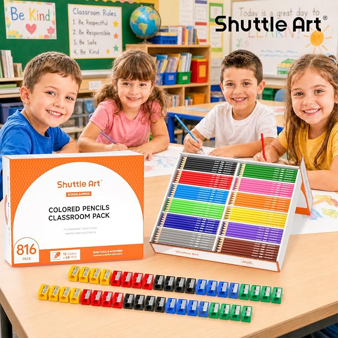 Shuttle Art 816 PCS Colored Pencils Bulk, 12 Colors, Pre-sharpened for Kids | Vibrant Colors, Break-Resistant, Bulk Pack Back to School Supplies for Teachers, Students, Classrooms
