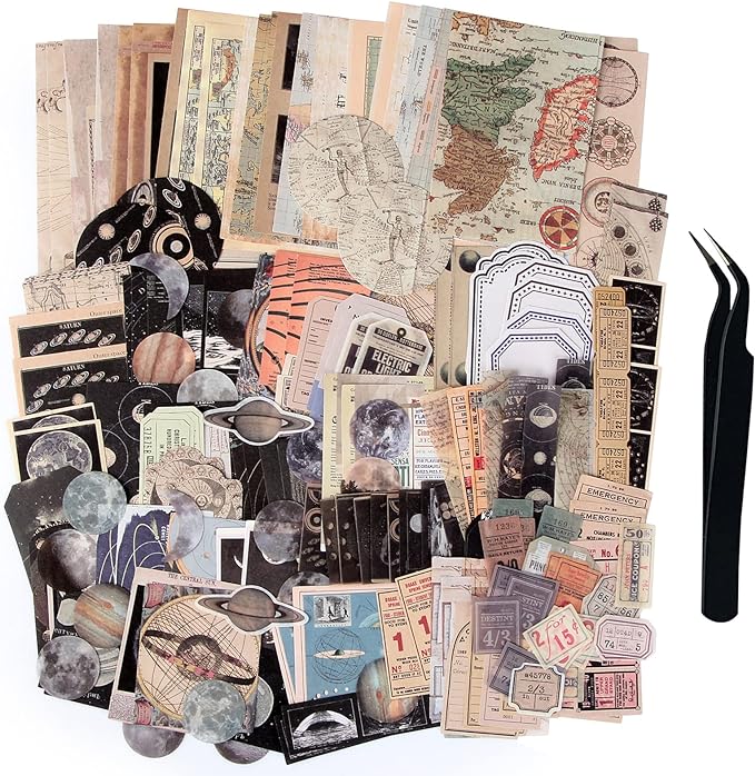 TIYPKE 200pcs Aesthetic Stickers - Vintage Scrapbook Stickers for Journaling, Bullet Journals, Scrapbooking, Space & Moon Themes