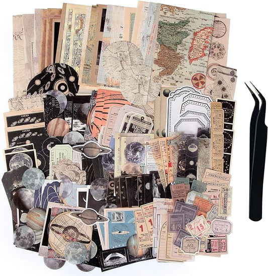 TIYPKE 200pcs Aesthetic Stickers - Vintage Scrapbook Stickers for Journaling, Bullet Journals, Scrapbooking, Space & Moon Themes