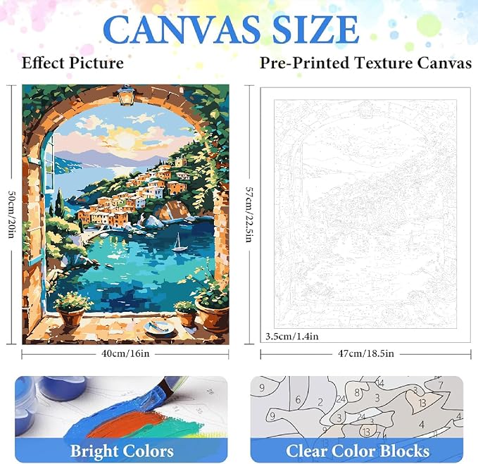 ZRIZQ Landscape Paint by Numbers Kit for Adults Beginner,Scenery,16x20 | Full set with wooden brushes,rolled canvas,rich paints.Calming activity.Beginner friendly.Just open and paint.