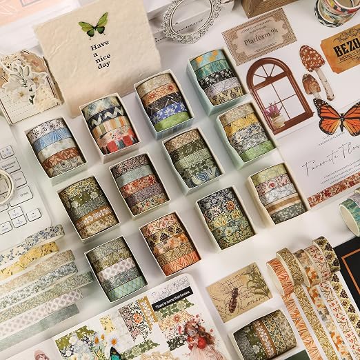 YUBBAEX 60 Rolls Value Washi Tape Pack Retro Arts Masking Tape Basic Patterns Decorative for DIY Crafts, Bullet Journal Supplies, Planners, Scrapbook, Card/Gift Wrapping (Retro Baroque)