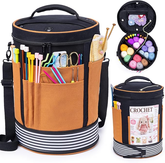 Canvas Yarn Storage Organizer with Removable Dividers, Crochet&Knitting Bag | Expandable canvas yarn organizer with removable dividers, yarn feed holes, project storage and multiple tool pockets
