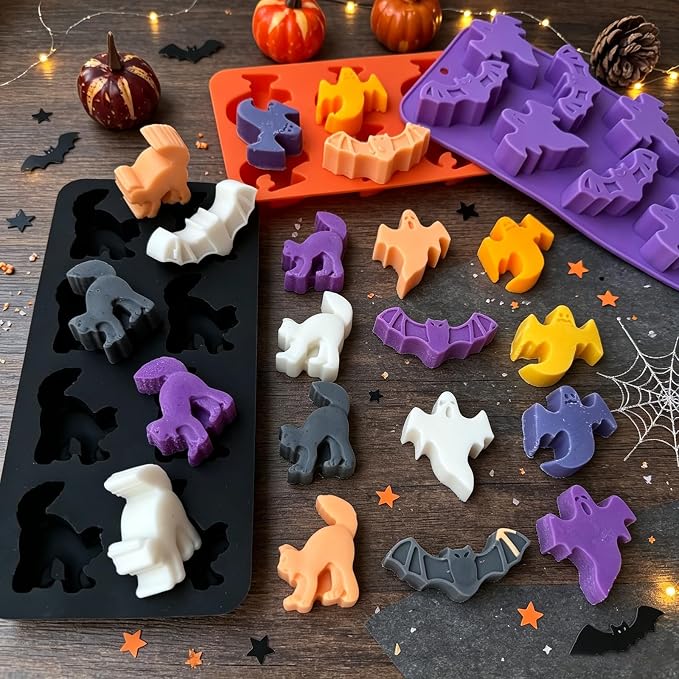 3 Pack Halloween Silicone Molds, Ghost Bat Black Cat Candy Chocolate Molds