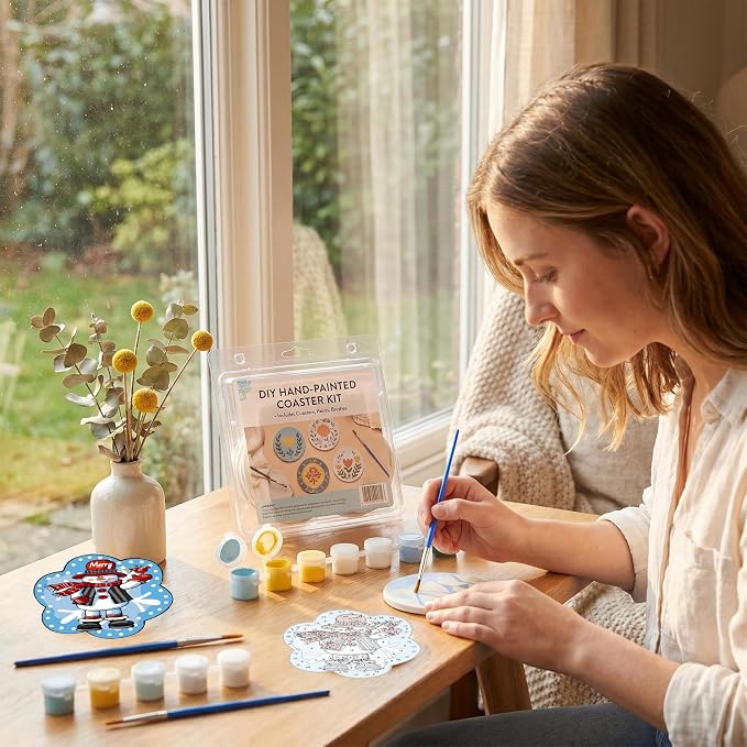 6 Pack Christmas Paint by Numbers Kits Coasters with Holder Cork Pads | Cute Mini Snowman Paint by Numbers Kits for Aldults, Special Shape Oil Painting Coaster for Small DIY Craft Holiday Gifts
