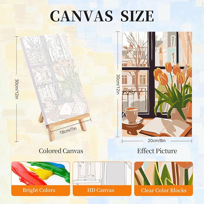 4 Pack Paint by Numbers Kit for Adults with Frame, Window Scenery & Flower | DIY Acrylic Painting Kit with Wooden Easel, Framed Paint by Number for Beginners, Home Wall Decor & Gift, 8 x 12 Inch