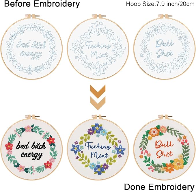 Louise Maelys 3 Pack Funny Quote Embroidery Kit for Beginners Floral | Cross Stitch Kits Include Pre-Printed Fabric, Embroidery Hoop, Threads, Needles and Guide. Needlepoint Kit for Beginners