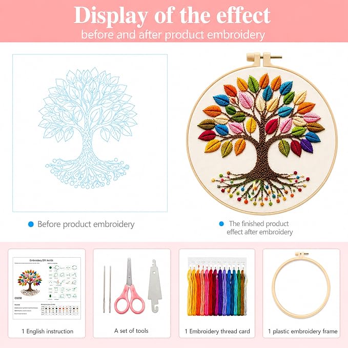 Zhenqing Rainbow Tree of Life Embroidery Kit for Beginners - 29x29cm Printed Fabric with Hoop & Full Tools (C0060)