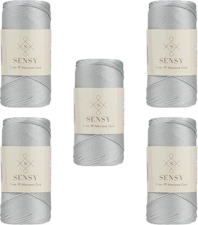 S Sensy 2mm - Premium Polypropylene Macrame Cord 5 Skeins Silver 252 Yards