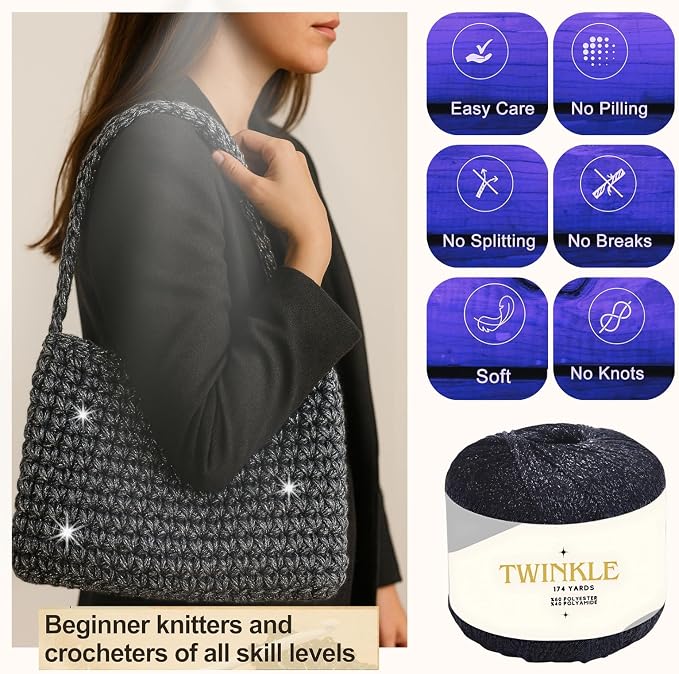 Pack 1 Twinkle Metallic Glitter Yarn Sparkle Fine 1 Light Fingering Weight Worsted Gold Silver for Crochet Knitting, 25g 0.88oz, 175yard Soft Craft Shawls Bags Lurex (Silver Shimmer, Pack 1)