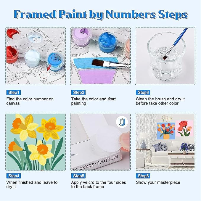 Canrichshop 4-Pack Framed Flowers Paint by Numbers Kit for Adults Beginner & All Ages 8-12 and More,Oil Painting by Numbers for Kids, DIY Number Paint Decor Present 8X 8 inch