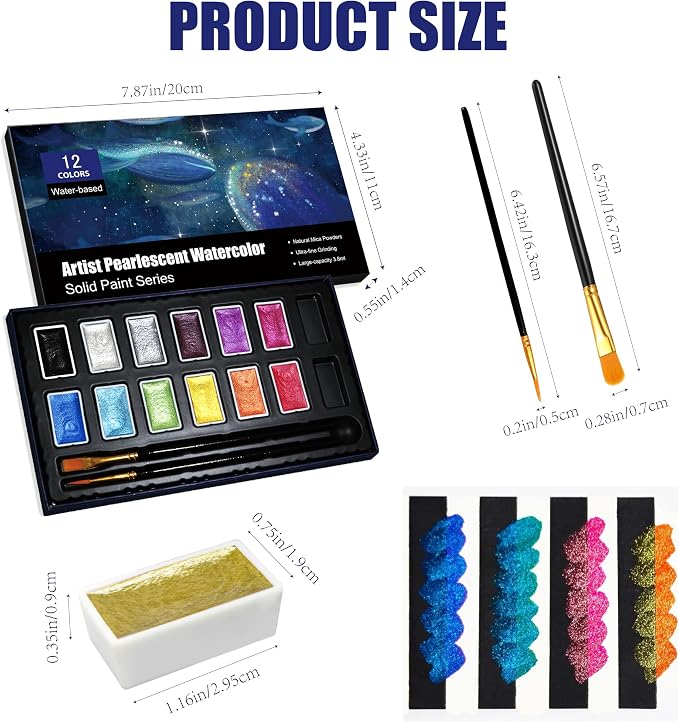 Shimmer Watercolor Paint Set, 12 Colors Glitter Metallic Watercolour Painting Sets, Solid Pearl Water Color Paints for Artists, Amateur Hobbyists and Painting (12 Colours)