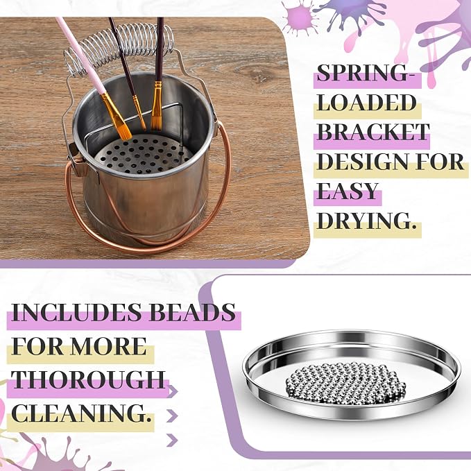 2 Pcs Paint Brush Cleaner Set with Cup, Drying Rack, Jumbo | Stainless Steel, Portable Brush Washer with Palette Cup, For Oil Painting And Acrylic Painting, Painting Accessories