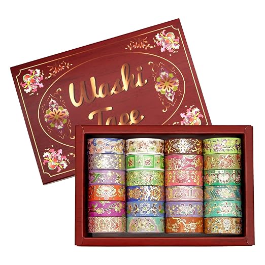 Washi Tape Set 24 Rolls Gold Foil Floral - Gift Box for Scrapbooking