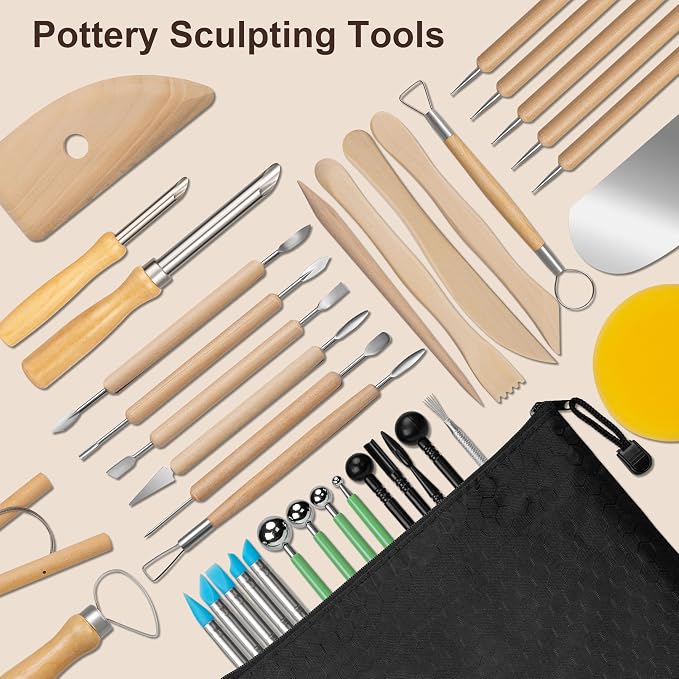 Amrules 38 Pcs Polymer Clay Sculpting Tools Kit for Adults, Light Yellow | Multi-Functional for Carving, Dotting & Molding, Ideal for Art Class & Pottery Studio, Comes with Zipper Storage Bag