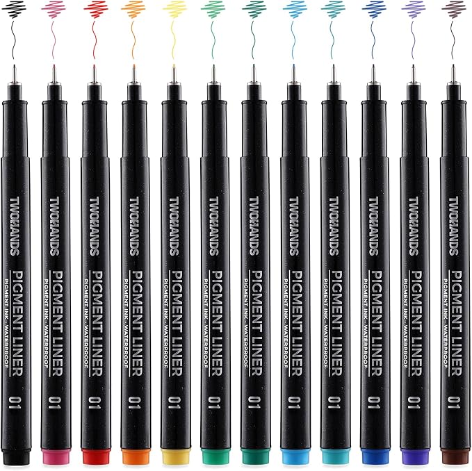 TWOHANDS Drawing Micro Art Pens, Set of 12, 0.25mm, Colors 01 | Fineliner Ink Pens, Technical Drawing Pen, Pigment Pen, Waterproof NO-bleed, For Art Watercolor Sketching Anime Manga，21281