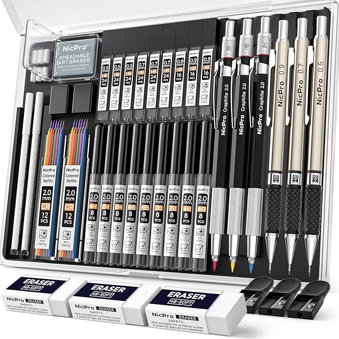 Nicpro 35PCS Art Mechanical Pencil Set, 3 PCS Metal Drafting Pencil | 0.5 & 0.7 & 0.9mm & 3 PCS 2mm Lead Holder (6B 4B 2B HB 2H 4H Colors) For Sketching Drawing With 20 Tube Lead Refills Case
