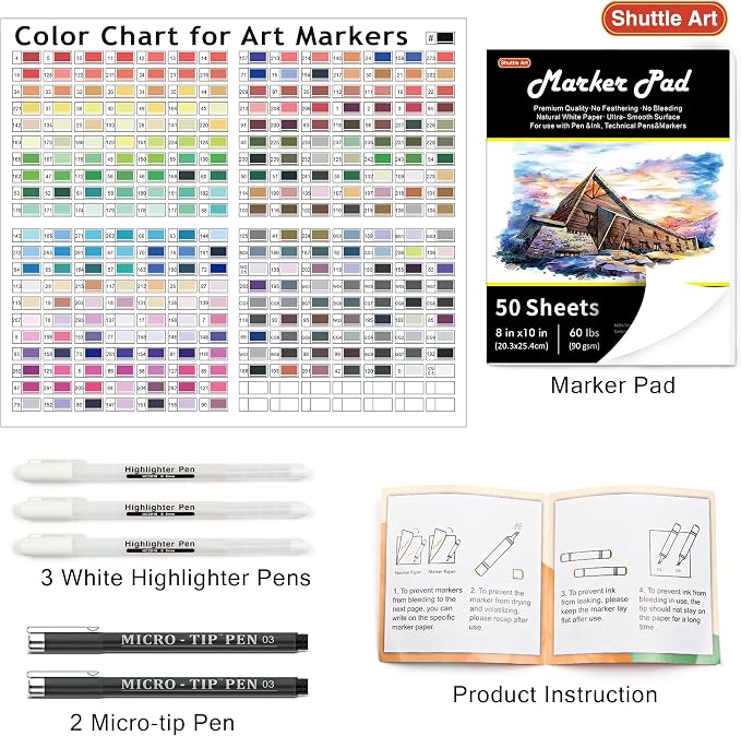 Shuttle Art 280 Colors Dual Tip Alcohol Based Art Markers, 279 Colors Permanent Marker Plus Colorless Blender, Micro-tip Pens, White Highlighter Pens, Marker Bag with Holders for Kids Adult Coloring