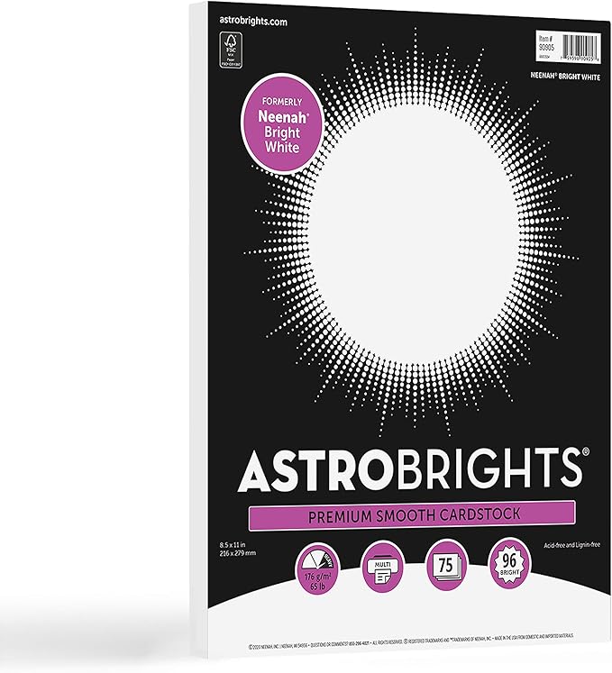 Astrobrights/Neenah Bright White Cardstock, 8.5" x 11", 65 lb/176 gsm, White, 75 Sheets (90905-02) - Packaging May Vary (Pack of 2)