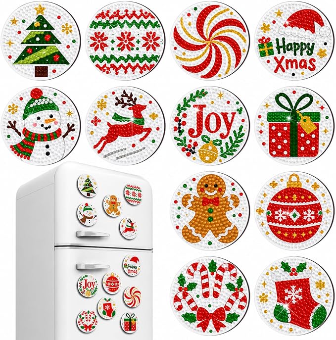 Zonon 12 Pcs Christmas Diamond Art Magnets Kit, Joyful Xmas | Holiday Diamond Painting Magnetic Stickers,Joy Snowman Reindeer Gingerbread,Red Green Diamond Fridge Magnets for Xmas Decor