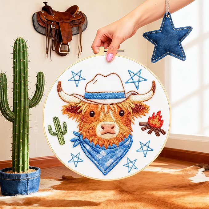 BEUNITONE 4 Set Embroidery Kit for Beginners, Animal Cowboy Patterns Cross Stitch Kits, Needlepoint Kits for Adults with Hoop, Cute Hand Embroidery Patterns for Cloth and Home Decor