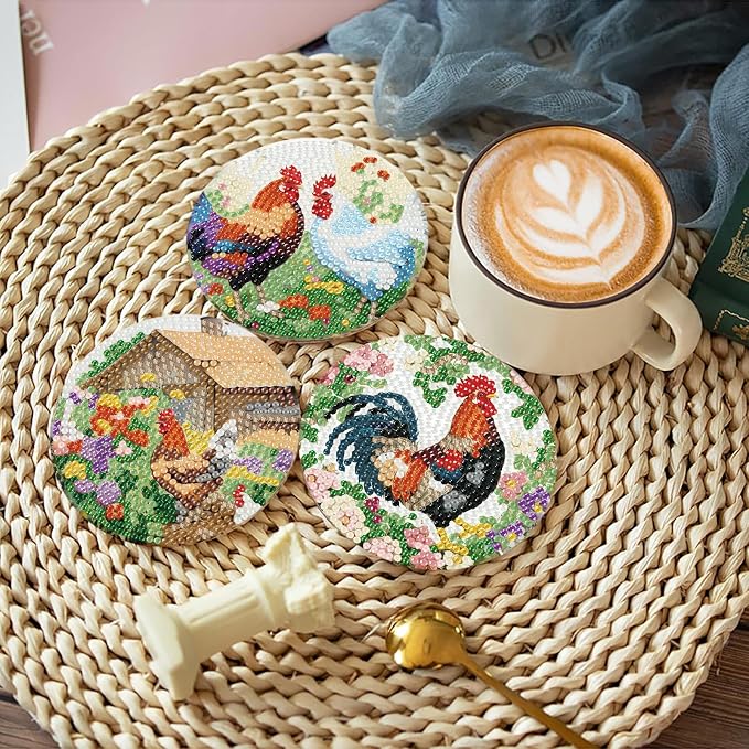 askkqtx 8 Pcs Chicken Diamond Art Coasters Kits with Holder 4X4 Inch