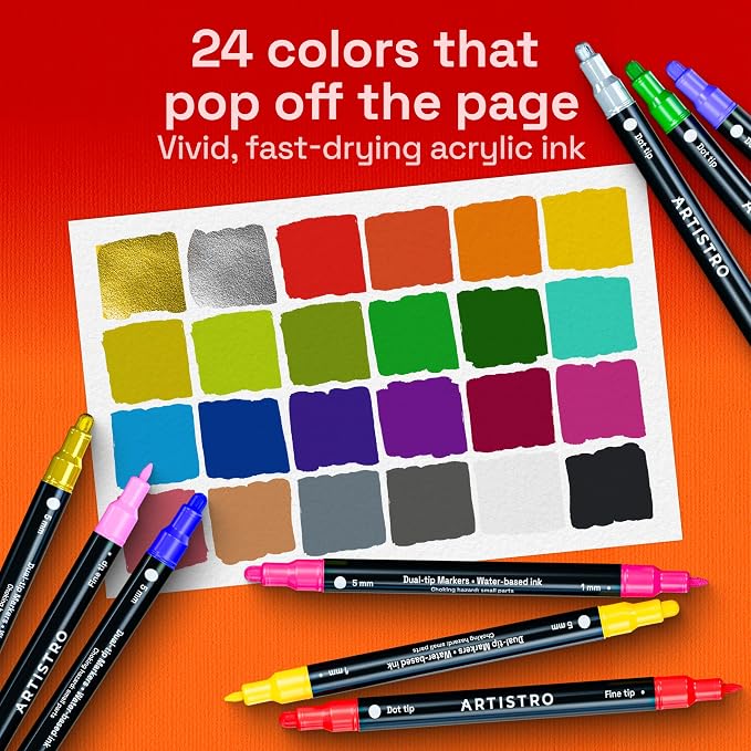 ARTISTRO Dual-Tip Acrylic Paint Marker Pens - Set of 24 | For Fabric, Rock, Glass, Wood, & Coloring Books, Arts & Crafts Gift, Classroom Must Haves & School Supplies (Dot & Fine Tips)