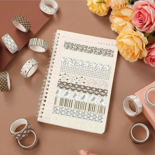 12 Rolls Floral Washi Tape Set,Vintage,Neutral | Watercolor Flowers Design for Scrapbook Journal DIY Craft School Supplies, 15 mm Vintage Decorative Masking Washi Tapes