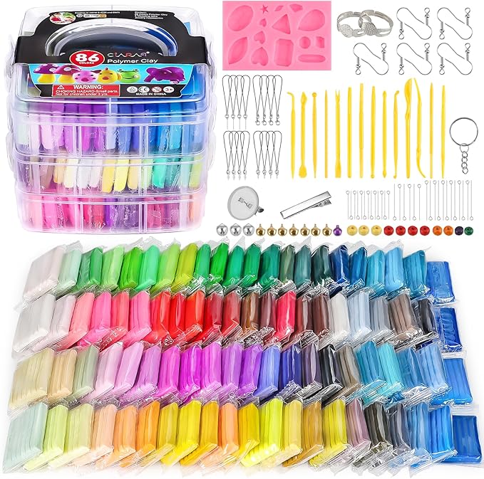 CiaraQ 86-Color Polymer Clay Oven Bake Modeling Kit | 14 sculpting tools, 3-layer storage box, silicone mold, acc. pack, guide. Great for school, home, gifts, kids & artists.