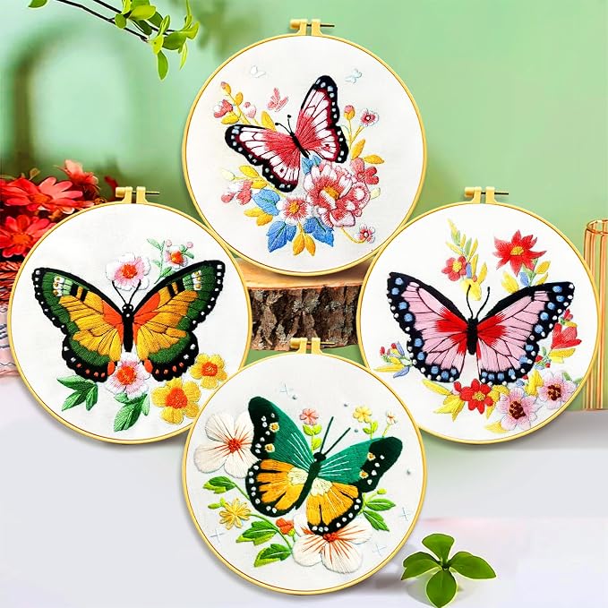 Zhenqing Butterfly Embroidery Kit 11.4x11.4 Inch - Complete Embroidery Set with Fabric, Threads, Needles & Hoop - Beginner-Friendly DIY Craft Kit for Adults (C0040)