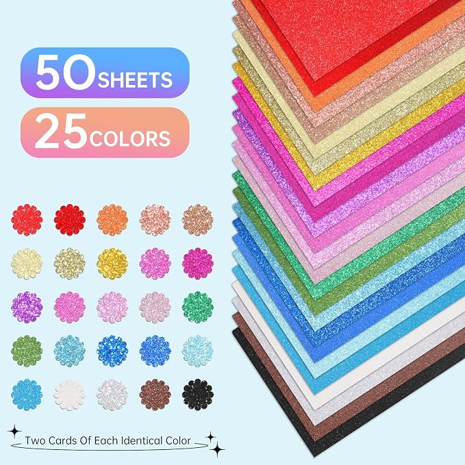 50 Sheets in 25 Colors Glitter Cardstock, Standard A5-Size Glossy Cardstock, Premium No-Shed Sparkly Cricut Cardstocks for Crafting Decorations, Cards, Scrapbooks, And DIY Projects