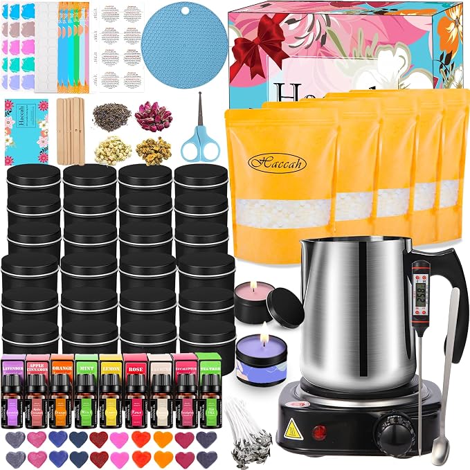 Haccah Candle Making Kit with Wax Melter, DIY Arts&Crafts Gift for Adults,Beginners,Candle Making Supplies,Including Electronic Stove, Rich Scents,Wicks, Candle tins, Dyes, Stickers, Melting Pot