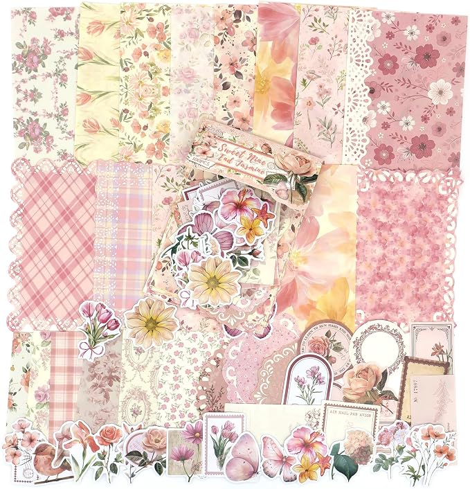 Scrapbook Supplies Kit – 100Pcs Vintage Floral Scrapbook Paper & Junk Journal Stickers, Journaling Supplies for Bullet Journaling, Retro Crafts, Mixed Media, Planner, Collage Card Album (Pink)