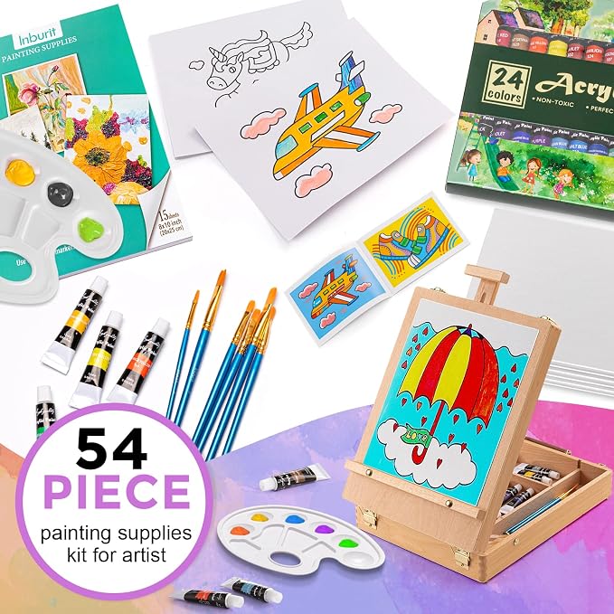 Inburit Art Acrylic Paint Set with Wooden Easel Box for Kids & Adults