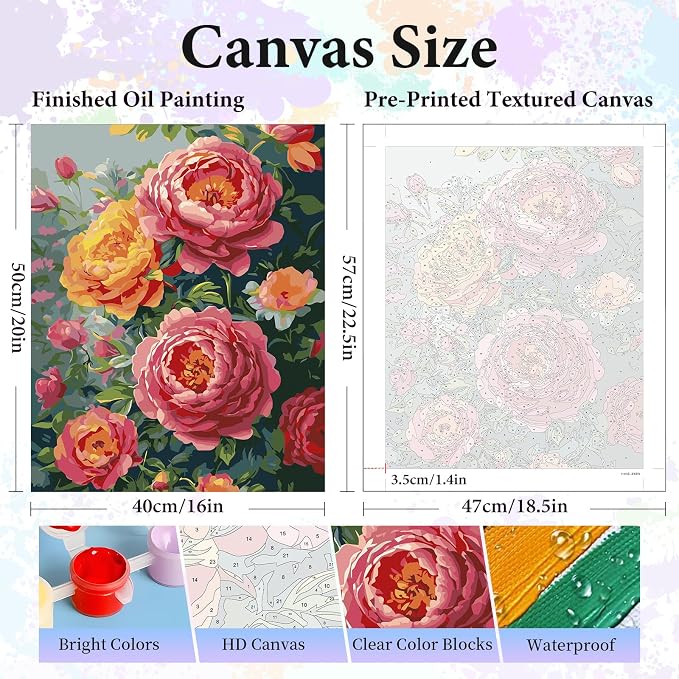 Paint by Numbers Kit for Adults, Peony Flowers Number Painting Canvas Kit | DIY Acrylic Painting Set for Beginners, Stress Relief Relaxing Craft, Home Wall Decor, Holiday Gift for Adults, 16x20 Inch